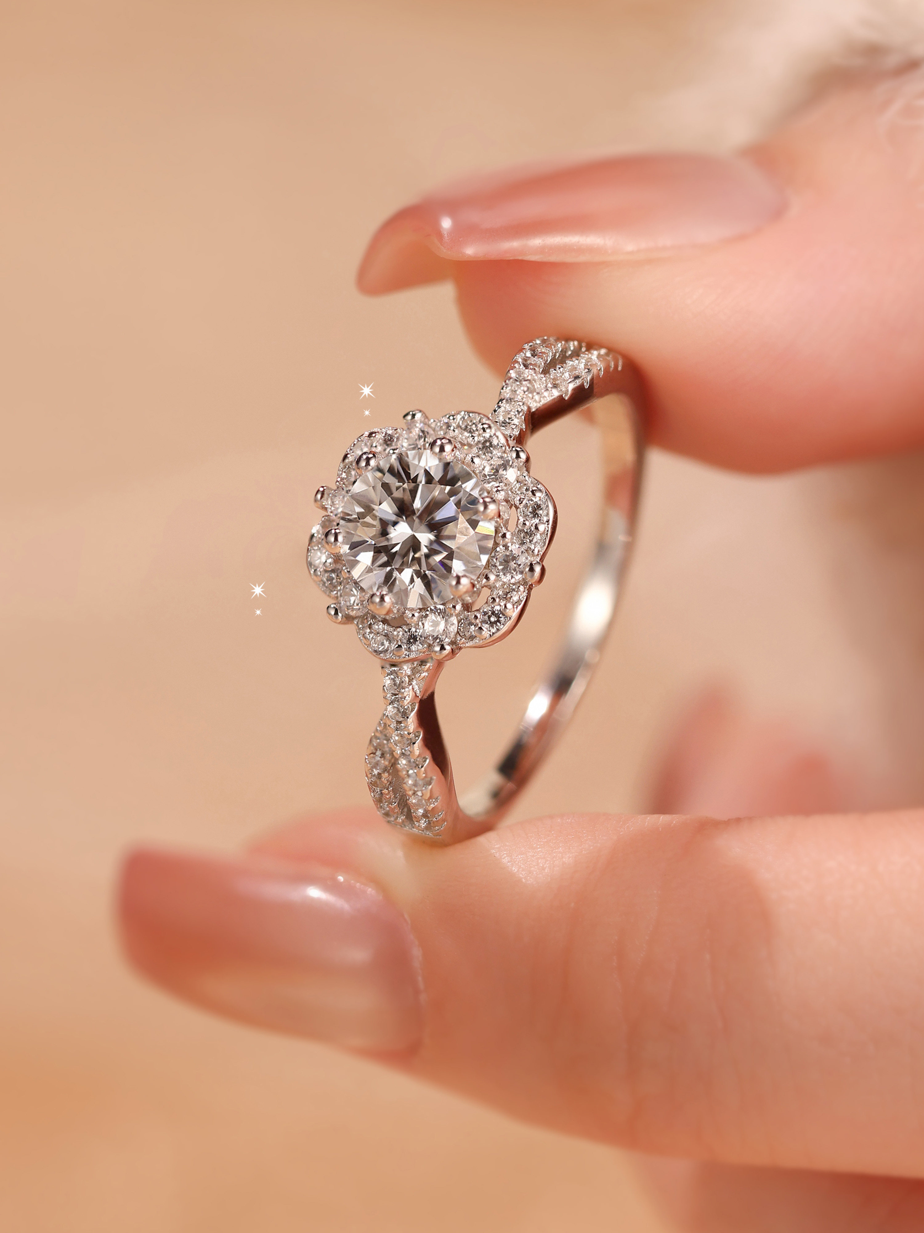 Bold&Chice Elsa Princess Moissanite Ring, Flower Design, Lab Created Engagement Ring