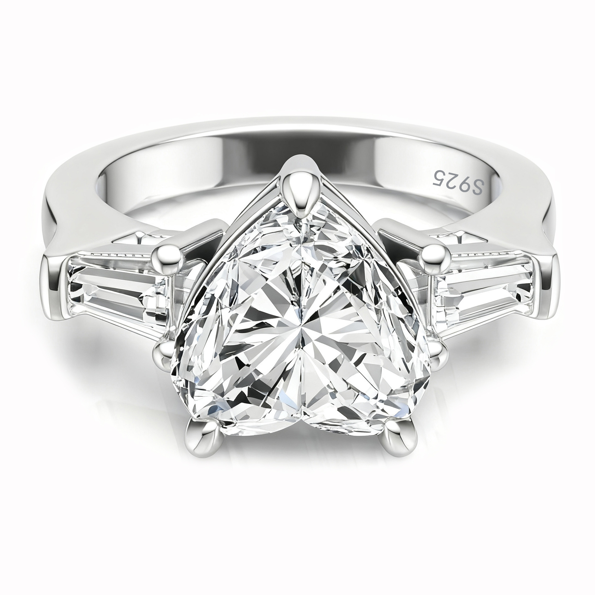 Bold&Chice Heart Cut Moissanite Engagement Ring, Three Stone with Baguette Side Stones, S925 Silver Lab Created Diamond Ring