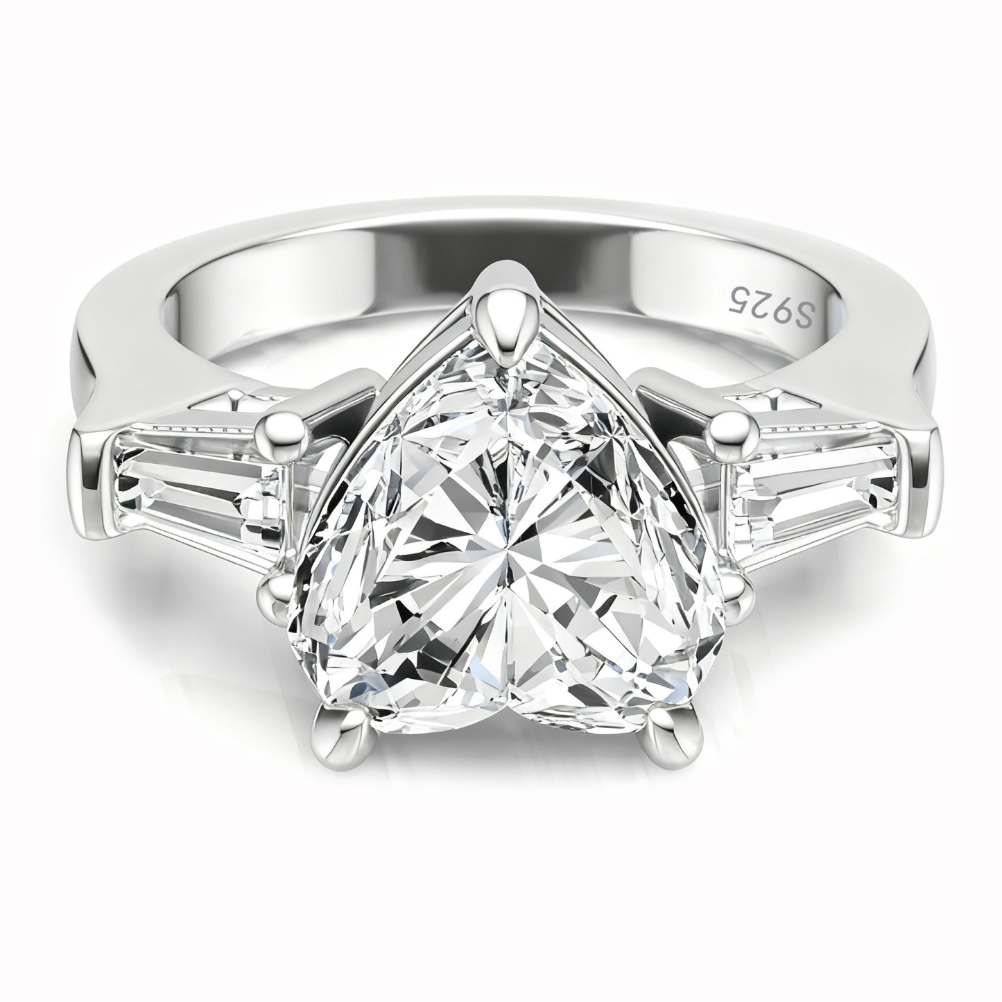 Bold&Chice Heart Cut Moissanite Engagement Ring, Three Stone with Baguette Side Stones, S925 Silver Lab Created Diamond Ring