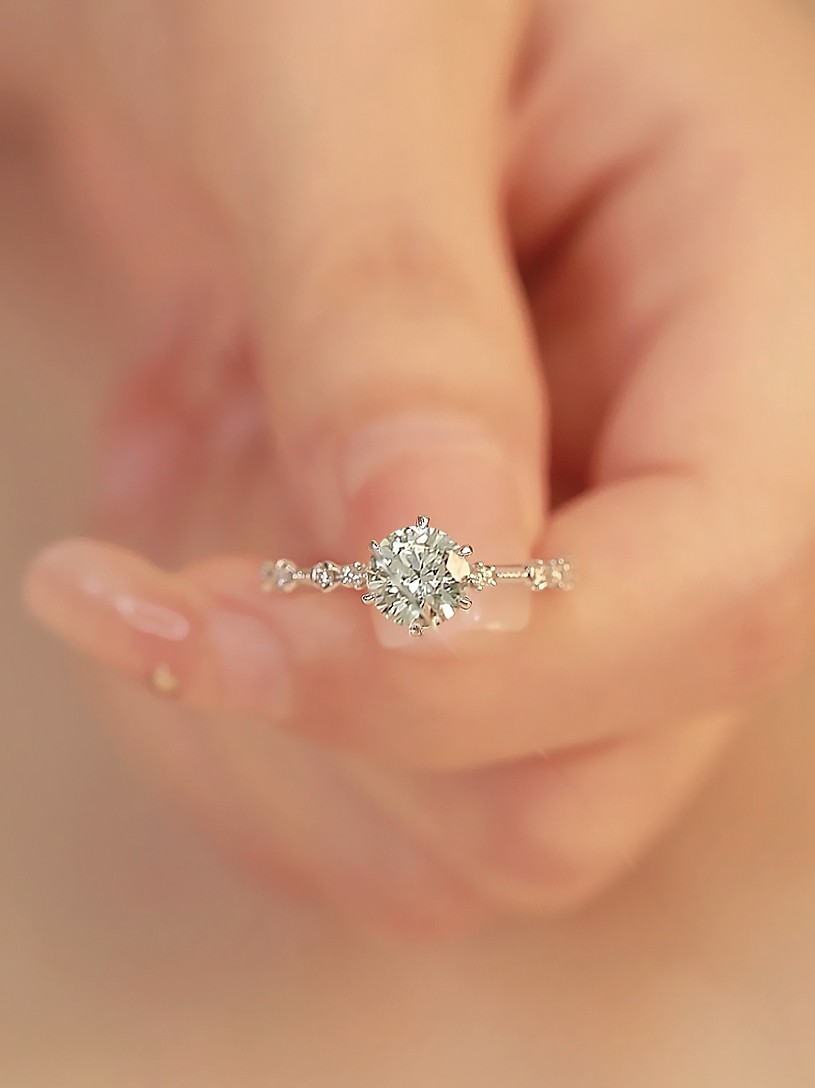 Bold&Chice 0.6CT Round Moissanite Engagement Ring, Delicate Pave Band, S925 Silver Lab Created Diamond Ring for Women