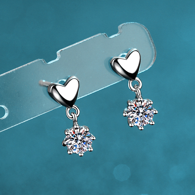 Bold&Chice Cute Heart Dangle Moissanite Earrings, S925 Silver Lab Created Diamond, Sweet Solitaire Drop Earrings for Her