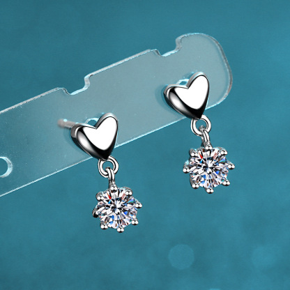 Bold&Chice Cute Heart Dangle Moissanite Earrings, S925 Silver Lab Created Diamond, Sweet Solitaire Drop Earrings for Her