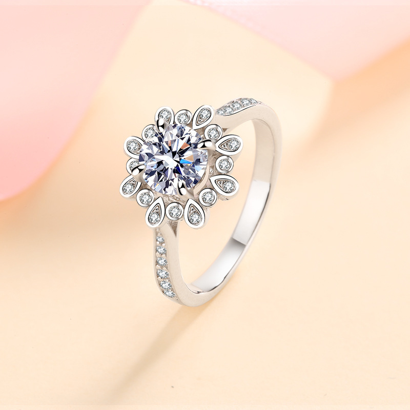 Bold&Chice 1CT Round Moissanite Floral Halo Engagement Ring, Pave Band S925 Silver Lab Created Diamond Ring for Women