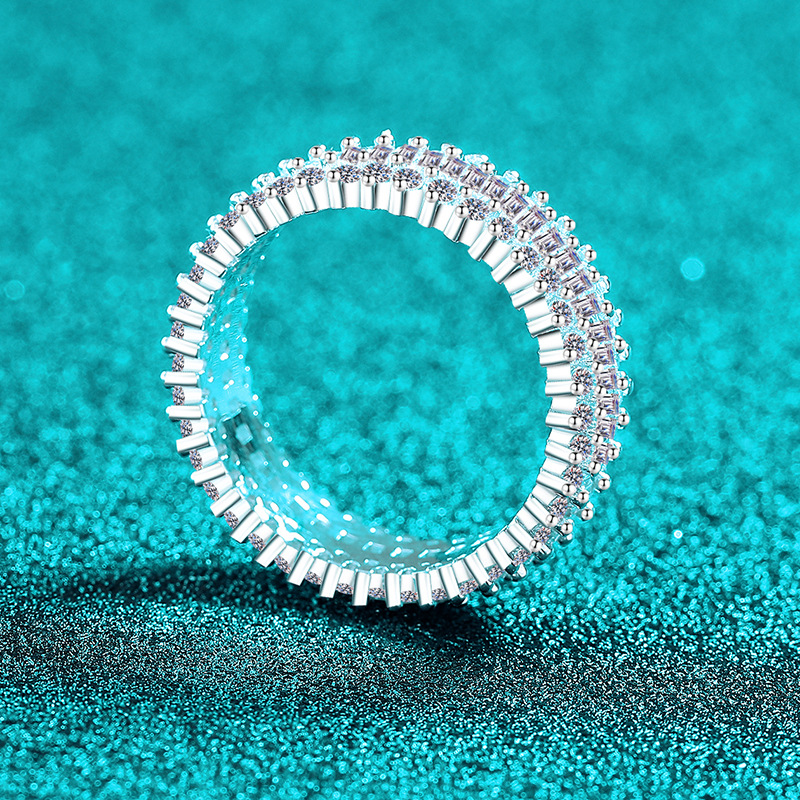 Bold&Chice 2.6CT Double Row Baguette Round Moissanite Eternity Band, Full Pave S925 Silver Lab Created Diamond Ring for Women