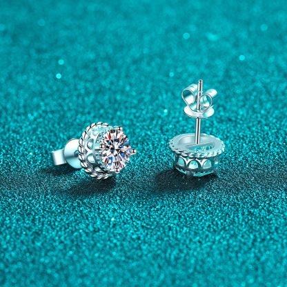 Bold&Chice 1CT/2CT Round Moissanite Twist Rope Stud Earrings, Classic Milgrain Edge S925 Silver Lab Created Diamond Earrings for Women