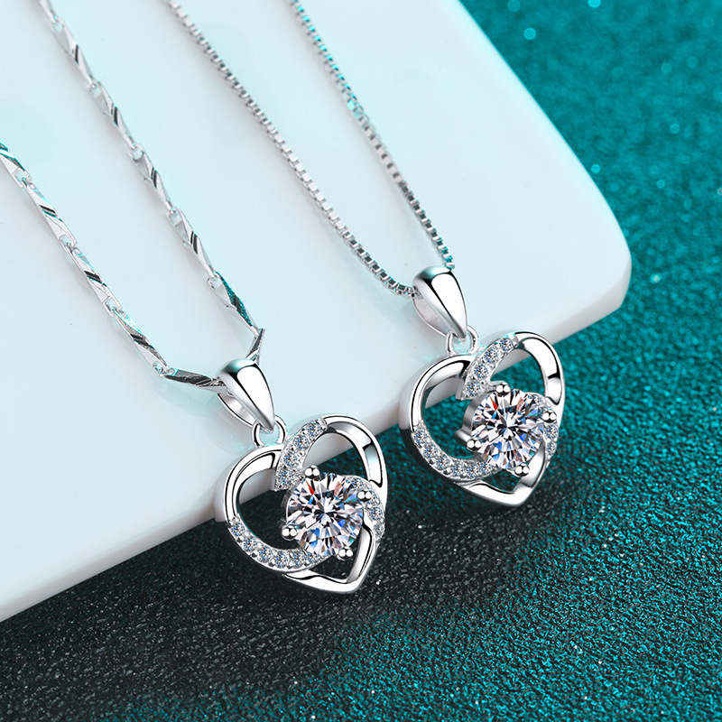 Bold&Chice 0.8CT Romantic Hollow Heart Moissanite Necklace, S925 Silver Lab Created Diamond Necklace, Elegant Twist Pendant Necklace for Her