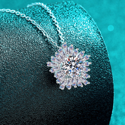 Bold&Chice Gorgeous Sunflower Baguette Moissanite Necklace, S925 Silver Lab Created Diamond, Shiny Floral Statement Necklace for Her