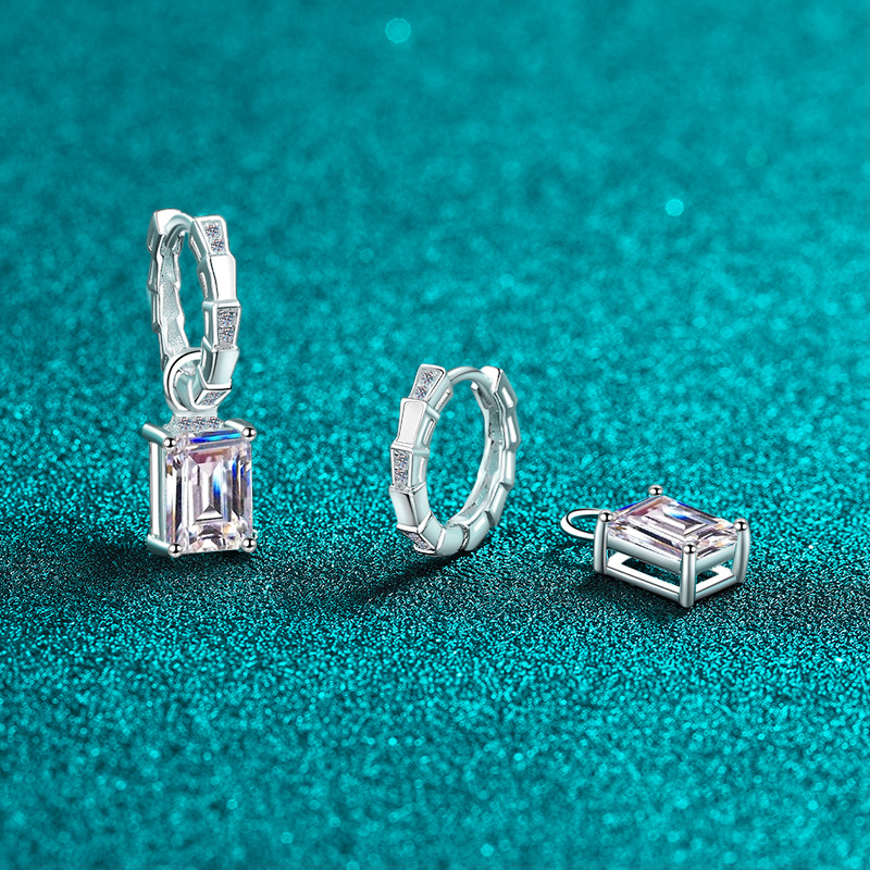 Bold&Chice 4CT Emerald / Radiant Cut Moissanite Drop Earrings, Baguette Huggie S925 Silver Lab Created Diamond Earrings for Women