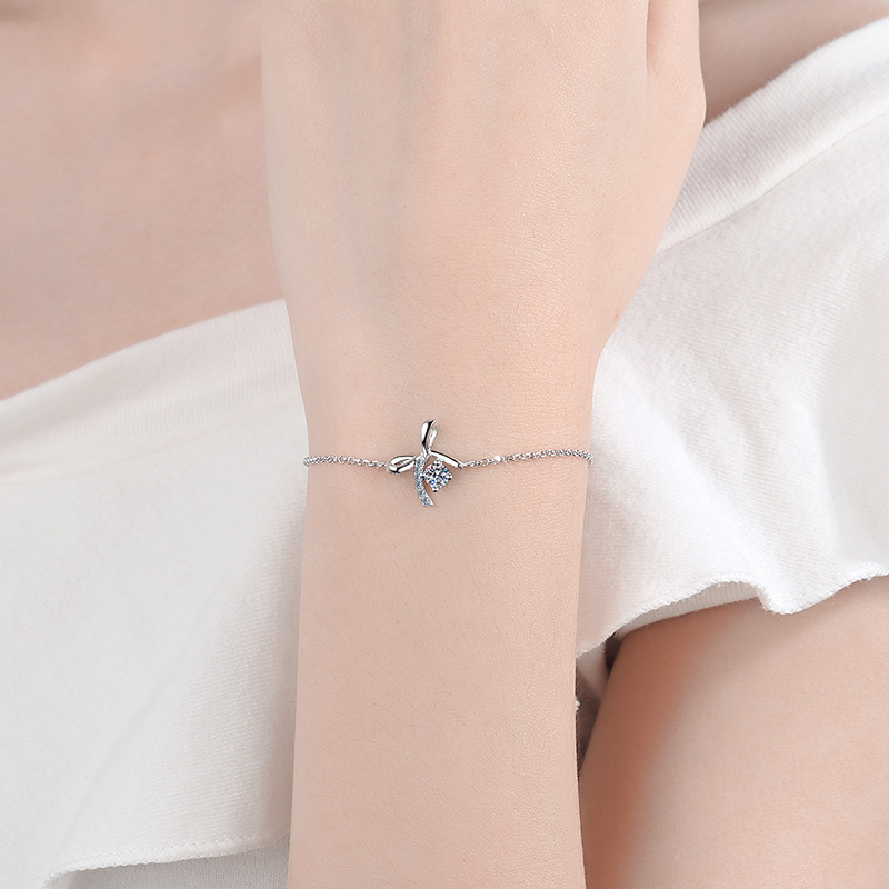 Bold&Chice 0.3CT Lovely Bow Ribbon Pave Moissanite Bracelet, S925 Silver Lab Grown Diamond, Delicate Adjustable Bracelet for Her