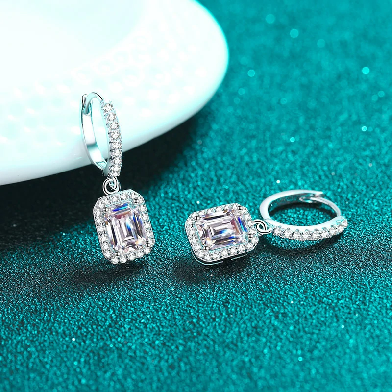 Bold&Chice 2/4CT Emerald / Radiant Cut Moissanite Drop Earrings, Baguette Huggie S925 Silver Lab Created Diamond Earrings for Women