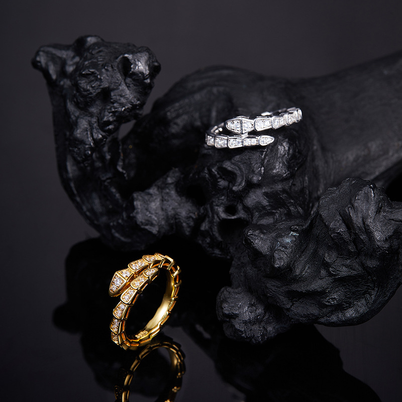 Bold&Chice Luxury Serpentine Pave Moissanite Ring, S925 Silver Lab Grown Diamond, Shiny Snake Statement Ring for Her