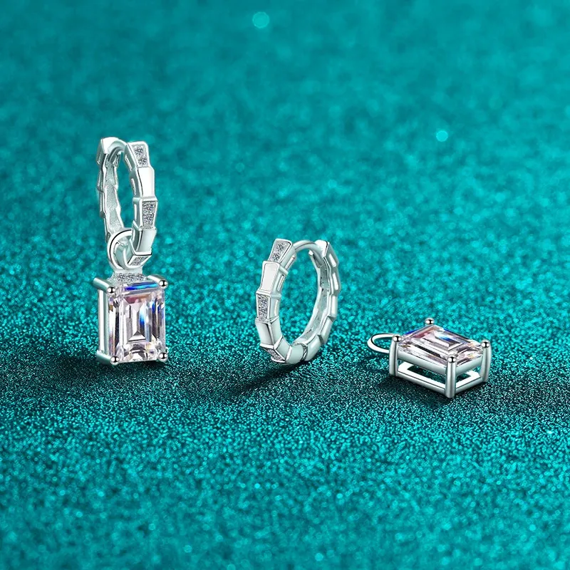 Bold&Chice 4CT Emerald / Radiant Cut Moissanite Drop Earrings, Baguette Huggie S925 Silver Lab Created Diamond Earrings for Women