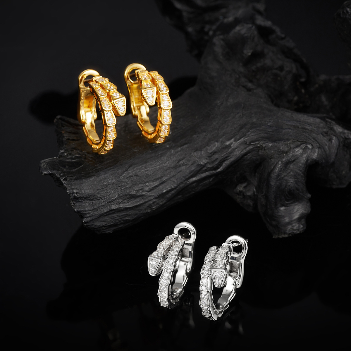 Bold&Chice Luxury Serpentine Pave Moissanite Huggie Earrings, S925 Silver Lab Grown Diamond , Shiny Snake Statement Earrings for Her