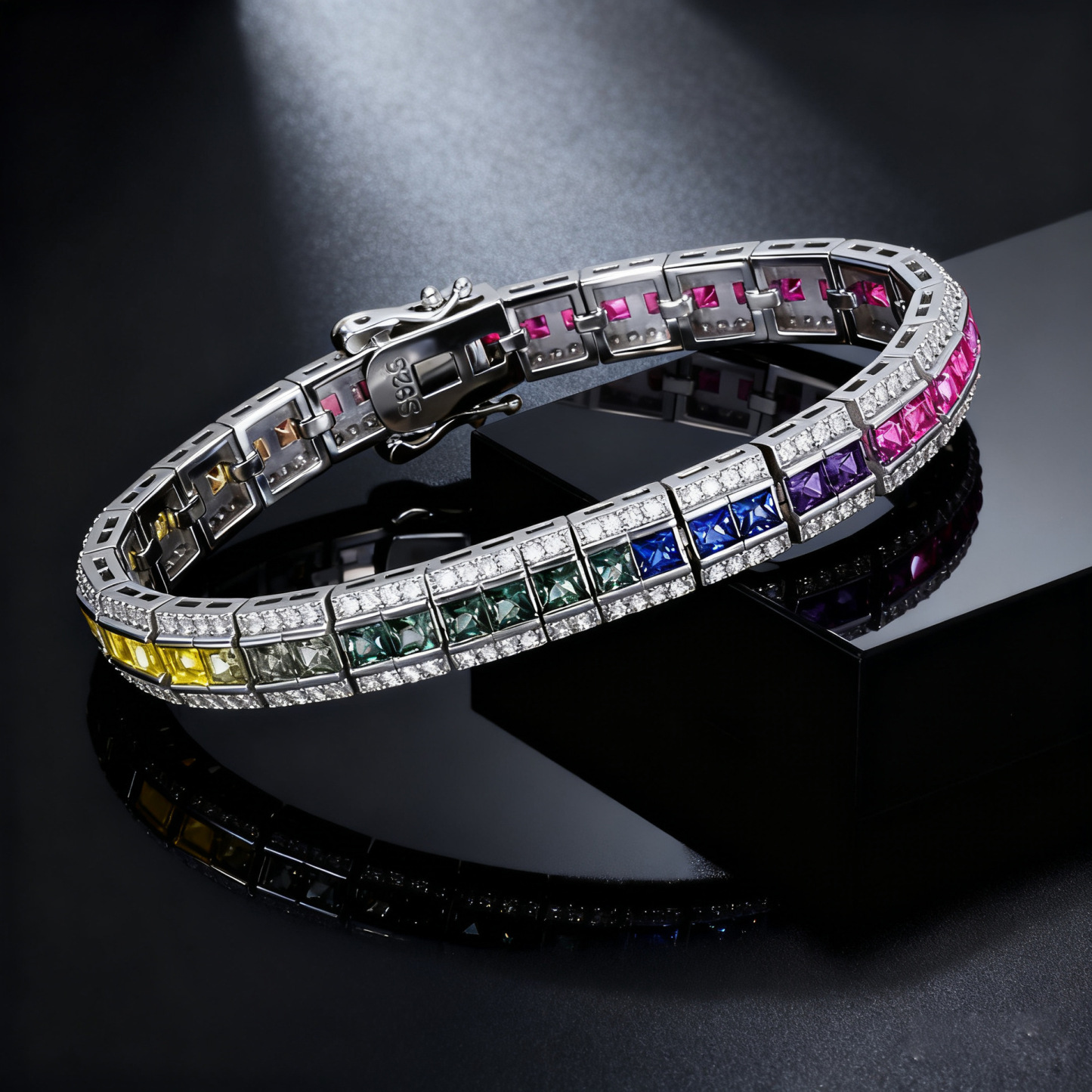 Bold&Chice Luxury Rainbow Bridge Pave Moissanite Bracelet, S925 Silver Lab Created Diamond, Shiny Multicolor Statement Bracelet for Her