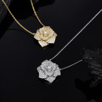 Bold&Chice Blooming Rose Pave Moissanite Pendant Necklace, S925 Silver Lab Created Diamond, Elegant Floral Statement Necklace for Her