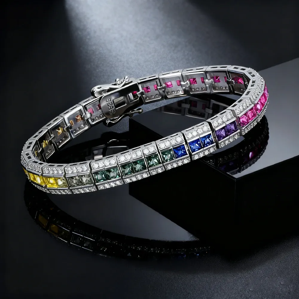 Bold&Chice Luxury Rainbow Bridge Pave Moissanite Bracelet, 18K Gold Plated S925 Silver Lab Created Diamond, Shiny Multicolor Statement Bracelet for Her