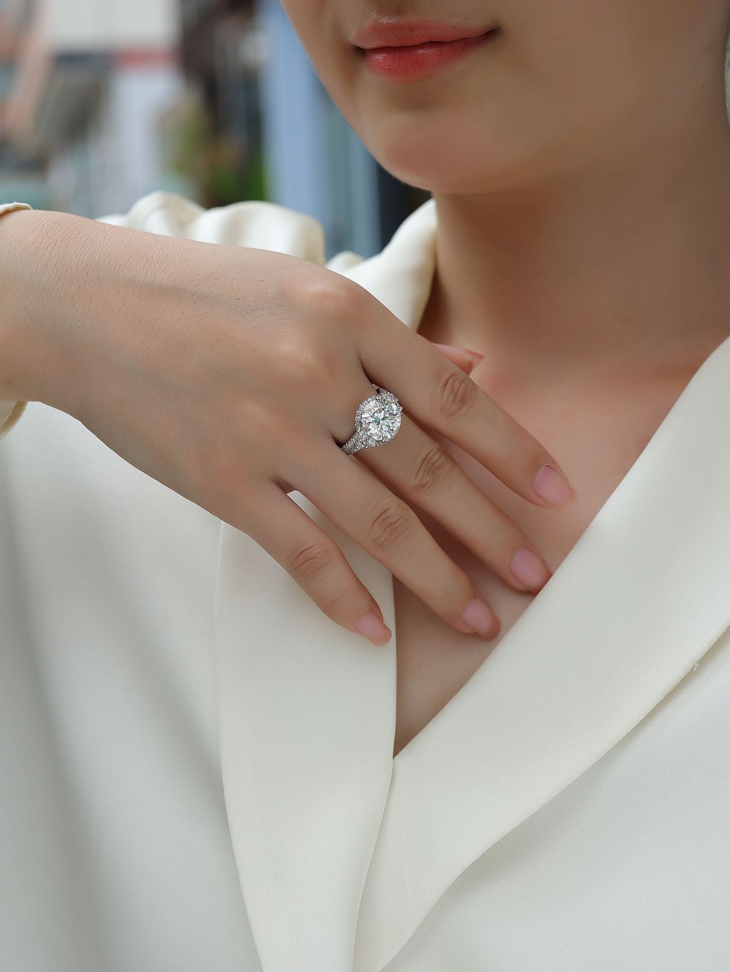 Bold&Chice 5CT Large Halo Moissanite Ring, Lab Created Engagement Ring, Pave Statement Ring for Women