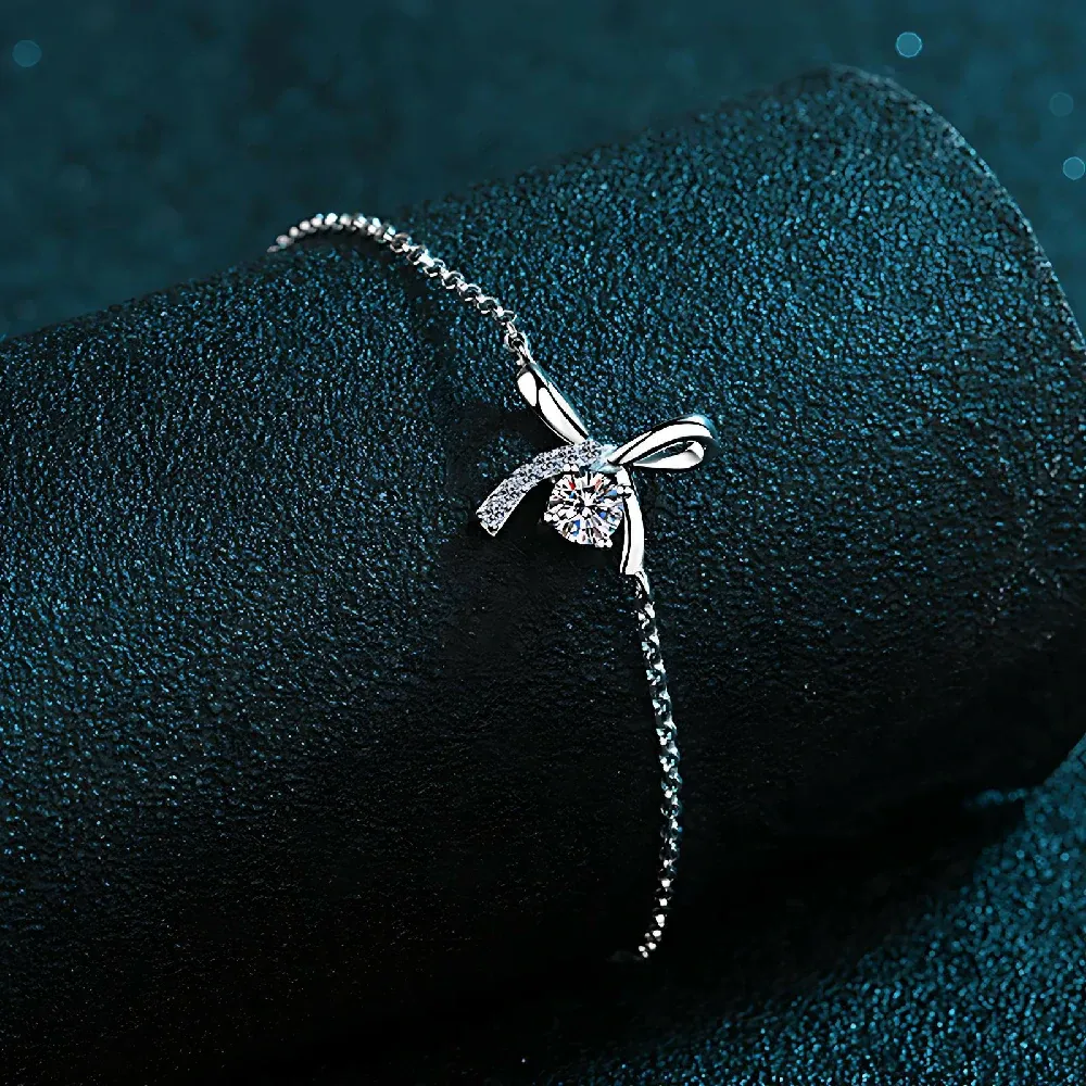 Bold&Chice 0.3CT Lovely Bow Ribbon Pave Moissanite Bracelet, S925 Silver Lab Grown Diamond, Delicate Adjustable Bracelet for Her