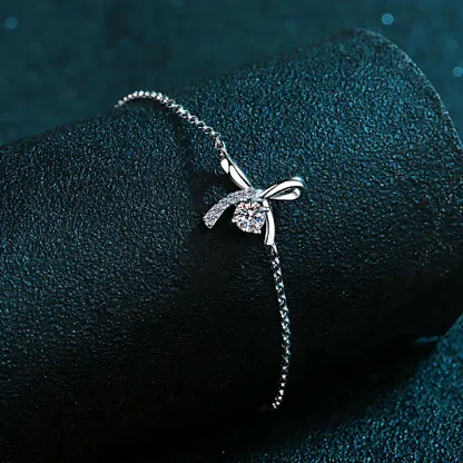 Bold&Chice 0.3CT Lovely Bow Ribbon Pave Moissanite Bracelet, S925 Silver Lab Grown Diamond, Delicate Adjustable Bracelet for Her
