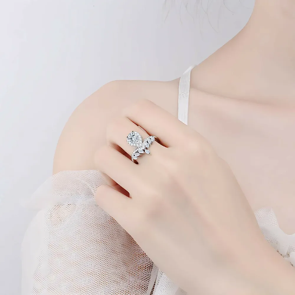 Bold&Chice 1CT Pear Cut Moissanite Crown Ring, Marquise Pave S925 Silver Lab Created Diamond Ring for Women