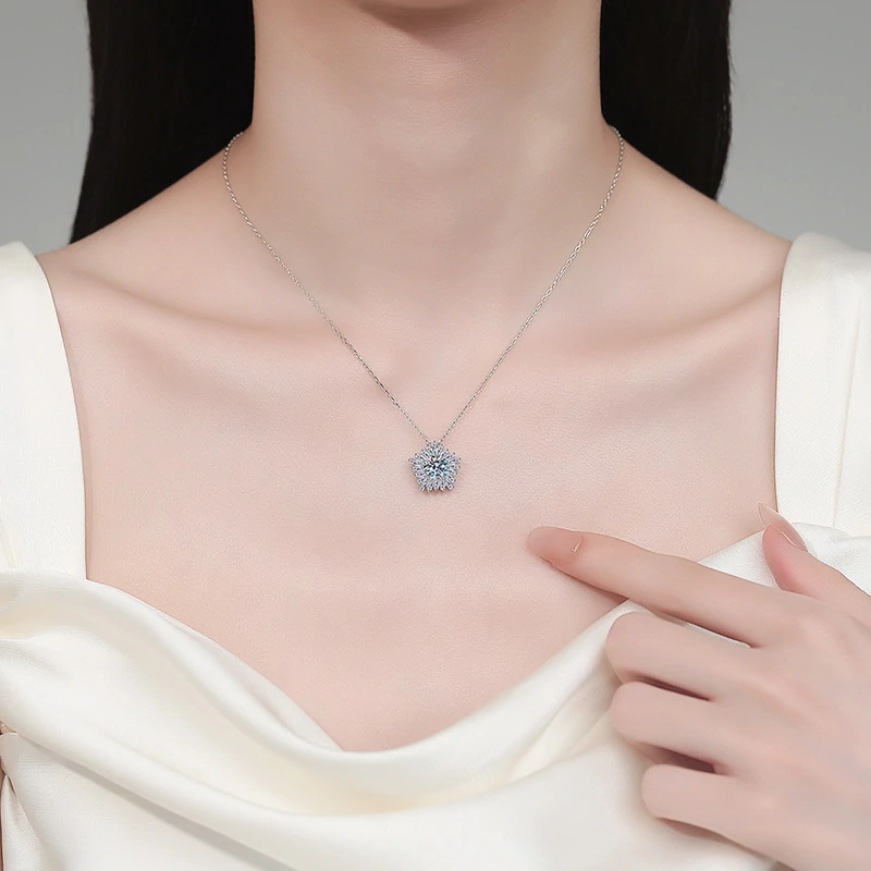 Bold&Chice Gorgeous Sunflower Baguette Moissanite Necklace, S925 Silver Lab Created Diamond, Shiny Floral Statement Necklace for Her