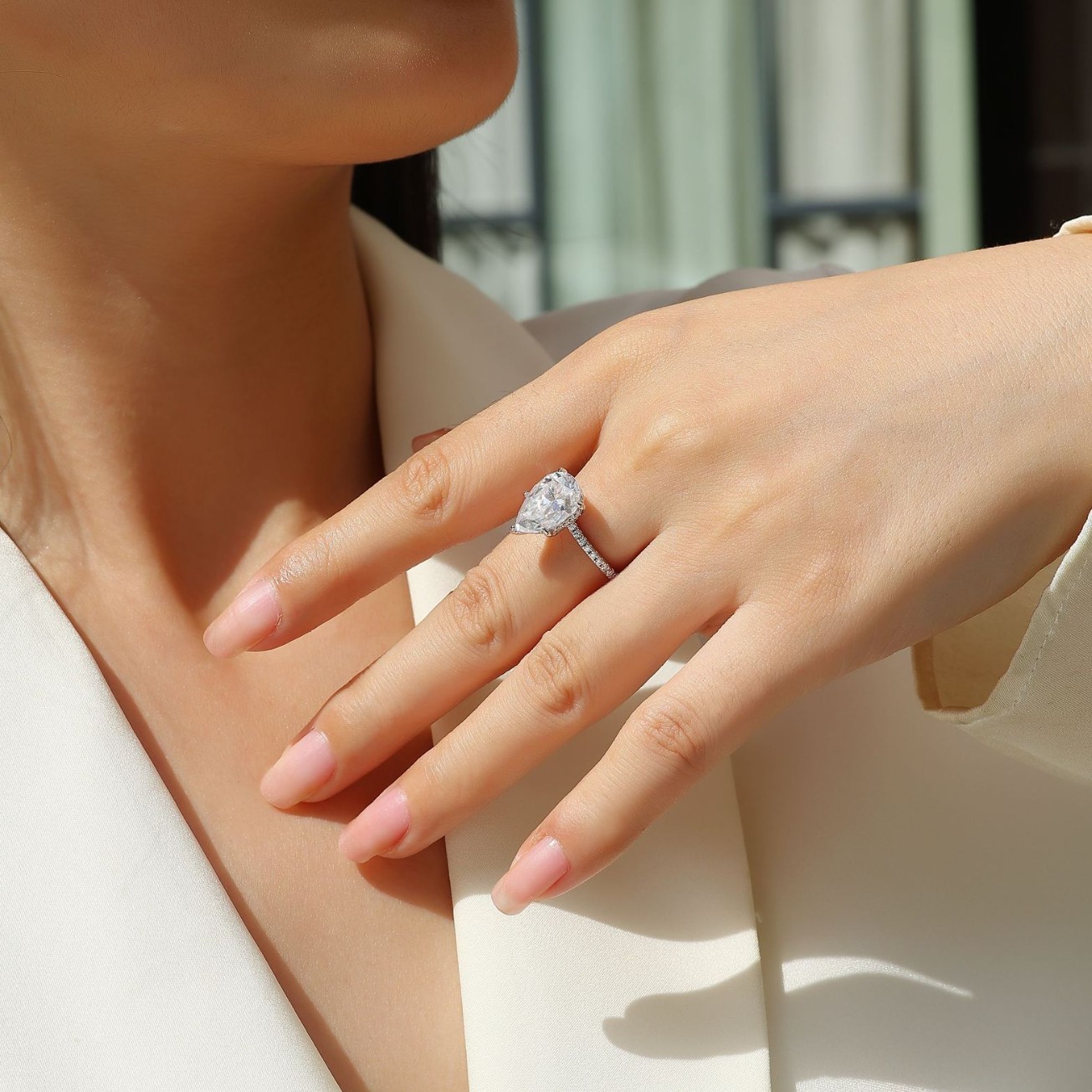 Bold&Chice Pear Cut Moissanite Engagement Ring, 3CT Lab Created Diamond Ring, S925 Silver Pave Promise Ring for Women