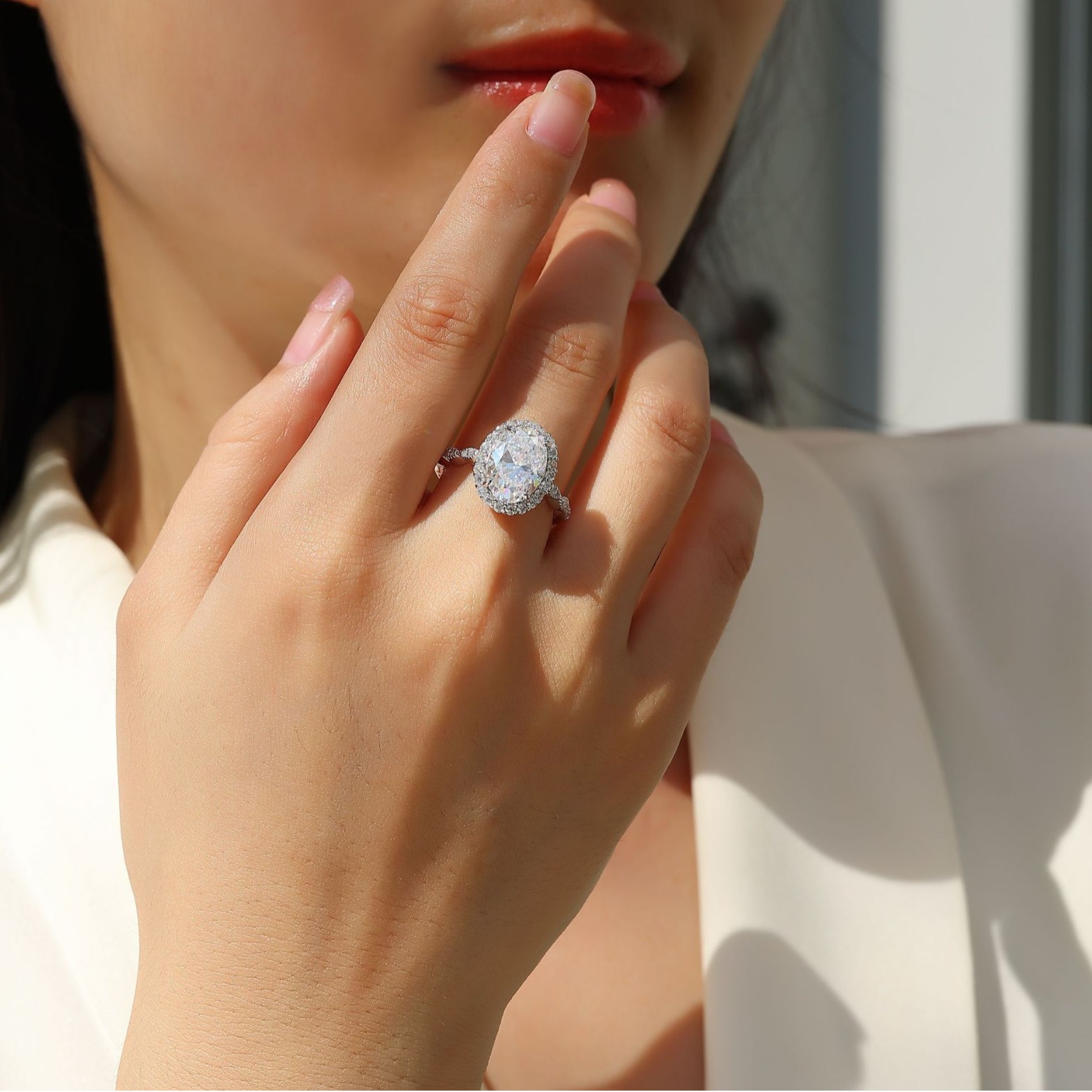 Bold&Chice 4CT Oval Lab Grown Moissanite Engagement Ring, Halo Pave Band, S925 Silver Plated 18K White Gold Promise Ring for Women