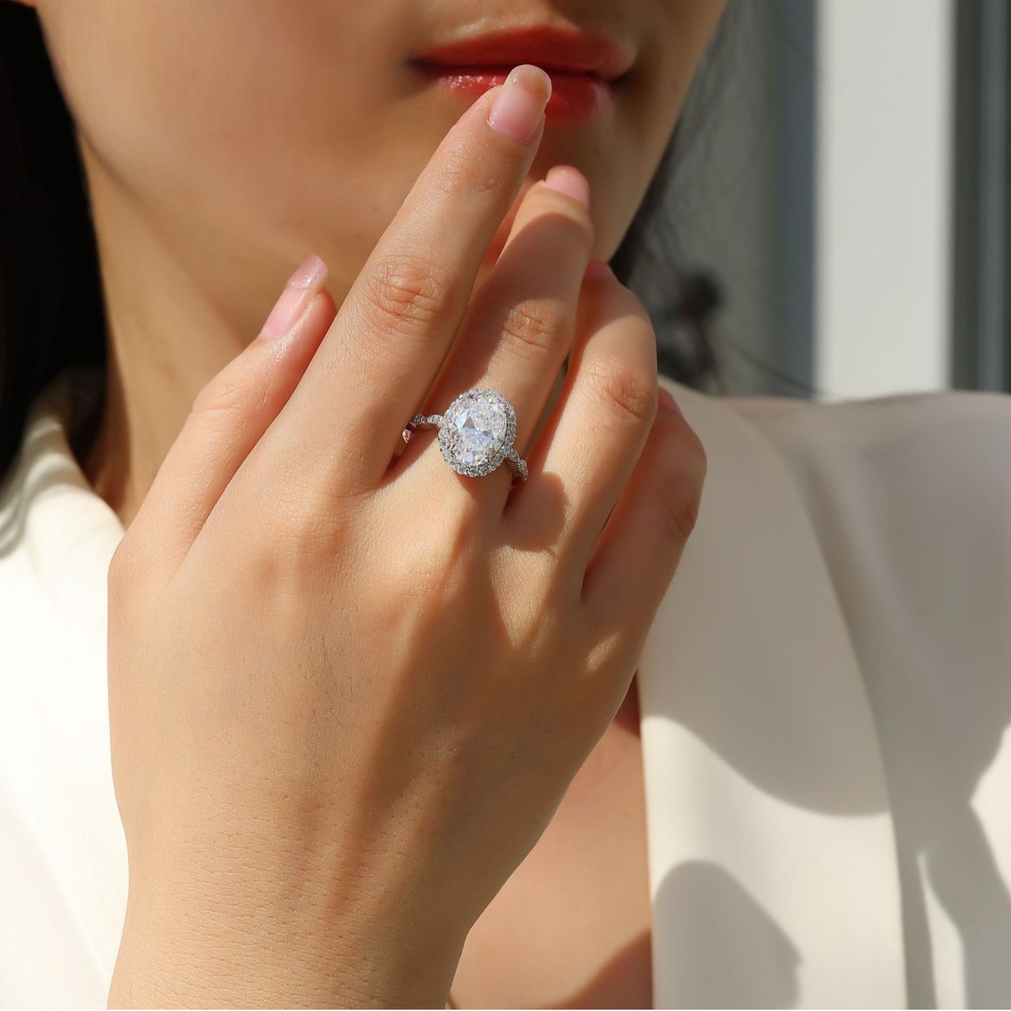 Bold&Chice 4CT Oval Lab Grown Moissanite Engagement Ring, Halo Pave Band, S925 Silver Plated 18K White Gold Promise Ring for Women