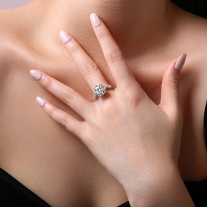 Bold&Chice 2CT Blossom Halo Moissanite Ring, Lab Grown Diamond Alternative, Floral Design Engagement Ring for Her