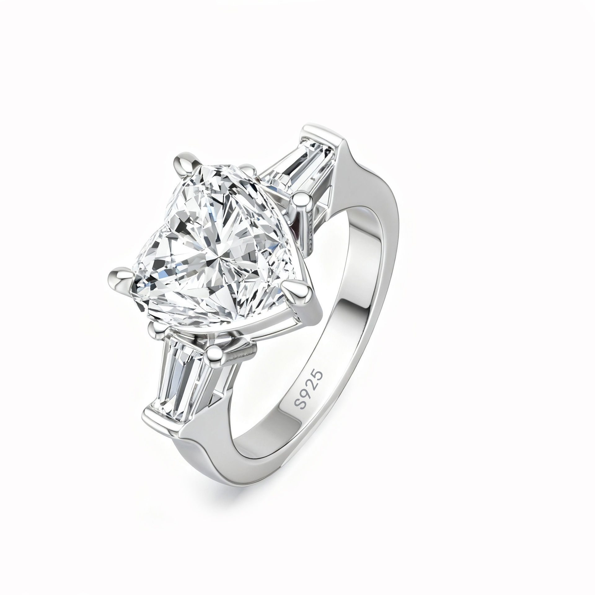 Bold&Chice Heart Cut Moissanite Engagement Ring, Three Stone with Baguette Side Stones, S925 Silver Lab Created Diamond Ring