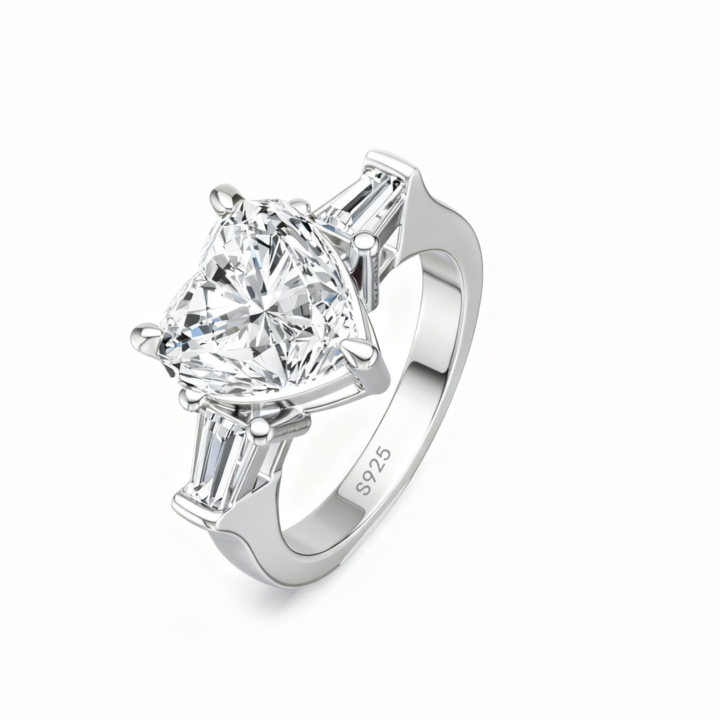 Bold&Chice Heart Cut Moissanite Engagement Ring, Three Stone with Baguette Side Stones, S925 Silver Lab Created Diamond Ring