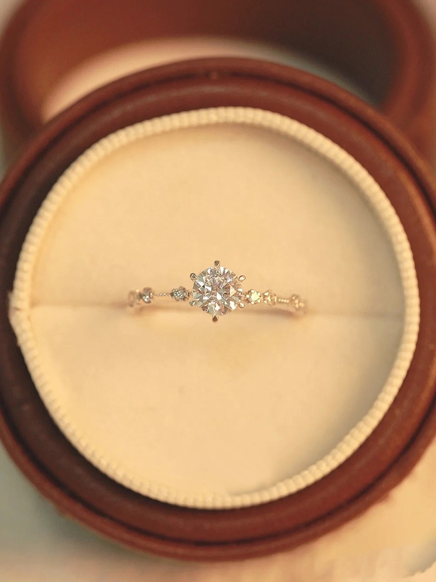 Bold&Chice 0.6CT Round Moissanite Engagement Ring, Delicate Pave Band, S925 Silver Lab Created Diamond Ring for Women