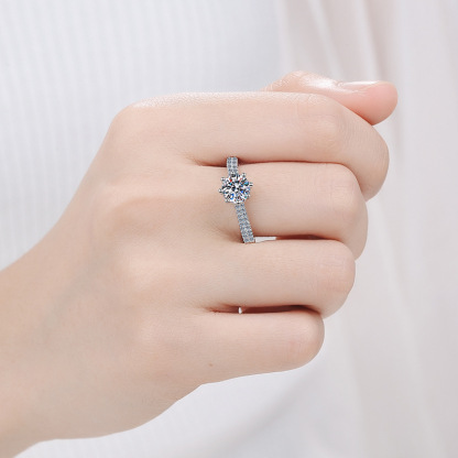 Bold&Chice 1CT Moissanite & Zircon Accent Engagement Ring, 6-Prong Setting with Pave Band, S925 Silver Lab Created Diamond Ring for Women