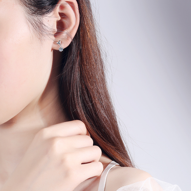 Bold&Chice Cute Heart Dangle Moissanite Earrings, S925 Silver Lab Created Diamond, Sweet Solitaire Drop Earrings for Her