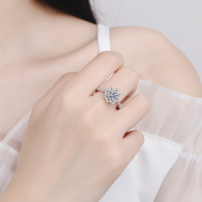 Bold&Chice 1CT Round Moissanite Floral Halo Engagement Ring, Pave Band S925 Silver Lab Created Diamond Ring for Women