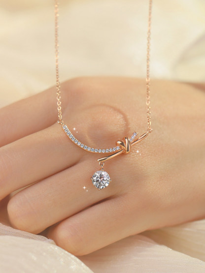 Bold&Chice Bow Knot Moissanite Necklace, 1CT Lab Created Moissanite Pendant, Rose Gold Plated Curved Bar Necklace for Women