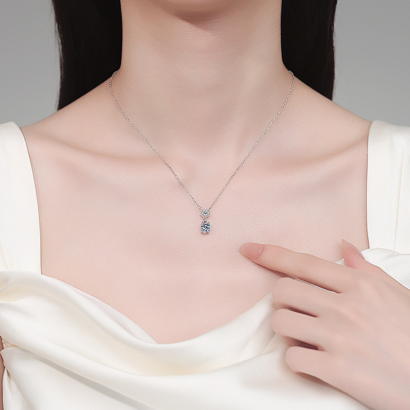 Bold&Chice 1CT Oval Moissanite Pendant Necklace, Heart Pave S925 Silver Lab Created Diamond Necklace for Women