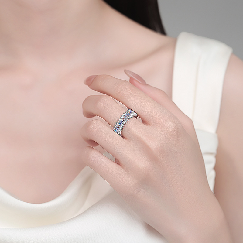 Bold&Chice 2.6CT Double Row Baguette Round Moissanite Eternity Band, Full Pave S925 Silver Lab Created Diamond Ring for Women