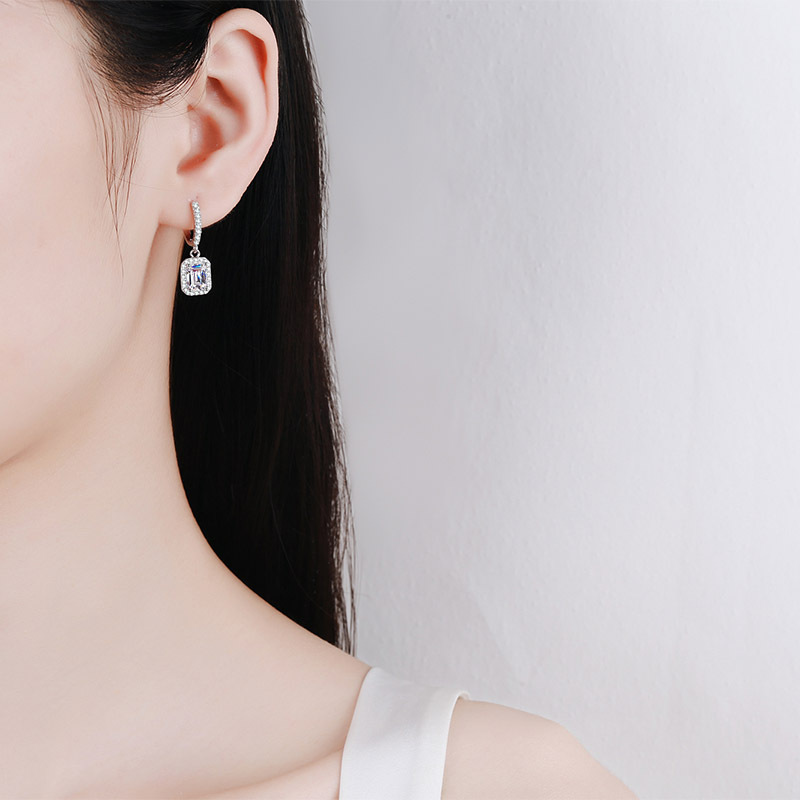 Bold&Chice 2/4CT Emerald / Radiant Cut Moissanite Drop Earrings, Baguette Huggie S925 Silver Lab Created Diamond Earrings for Women