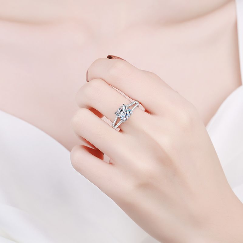 Bold&Chice 2CT Luxury Asscher Square Cut Moissanite Ring, S925 Silver Lab Grown Diamond , Shiny Double Row Statement Ring