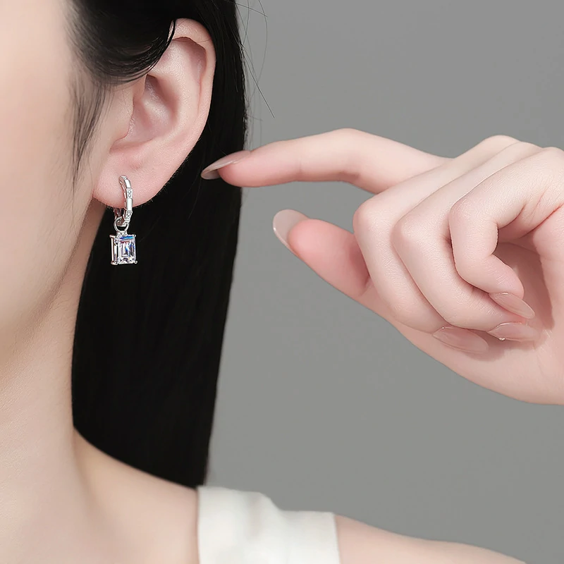 Bold&Chice 4CT Emerald / Radiant Cut Moissanite Drop Earrings, Baguette Huggie S925 Silver Lab Created Diamond Earrings for Women