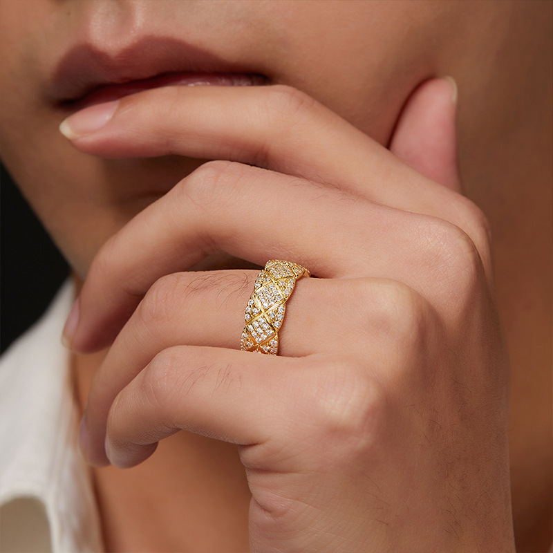 Bold&Chice Luxury Quilted Pave Moissanite Ring, S925 Silver Lab Created Diamond, Shiny Grid Statement Ring for Her