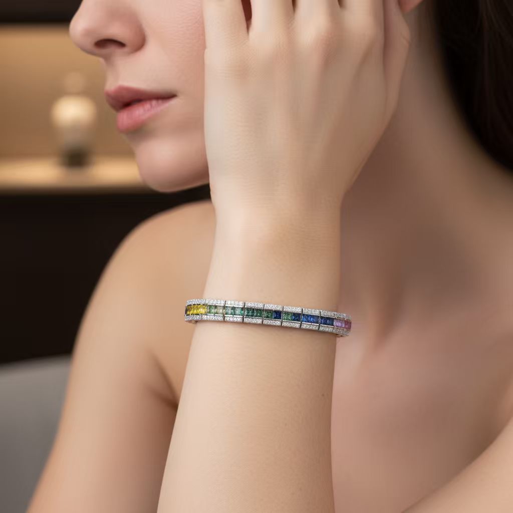 Bold&Chice Luxury Rainbow Bridge Pave Moissanite Bracelet, S925 Silver Lab Created Diamond, Shiny Multicolor Statement Bracelet for Her