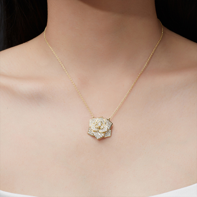 Bold&Chice Blooming Rose Pave Moissanite Pendant Necklace, S925 Silver Lab Created Diamond, Elegant Floral Statement Necklace for Her
