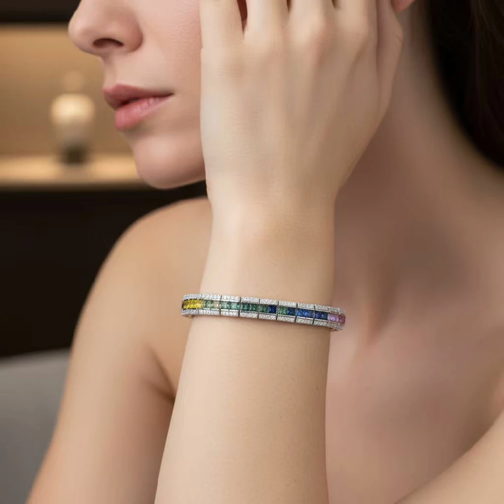 Bold&Chice Luxury Rainbow Bridge Pave Moissanite Bracelet, 18K Gold Plated S925 Silver Lab Created Diamond, Shiny Multicolor Statement Bracelet for Her