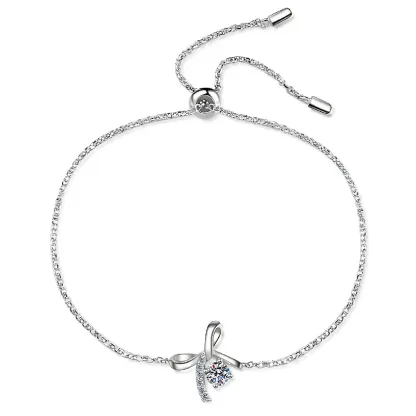 Bold&Chice 0.3CT Lovely Bow Ribbon Pave Moissanite Bracelet, S925 Silver Lab Grown Diamond, Delicate Adjustable Bracelet for Her