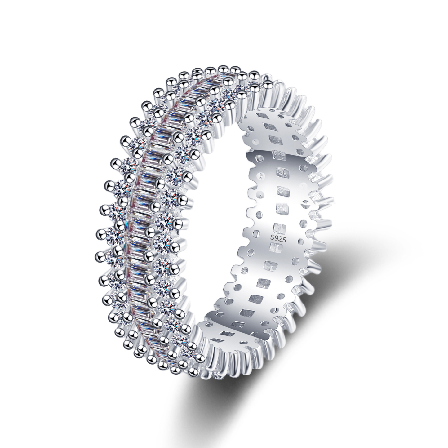 Bold&Chice 2.6CT Double Row Baguette Round Moissanite Eternity Band, Full Pave S925 Silver Lab Created Diamond Ring for Women