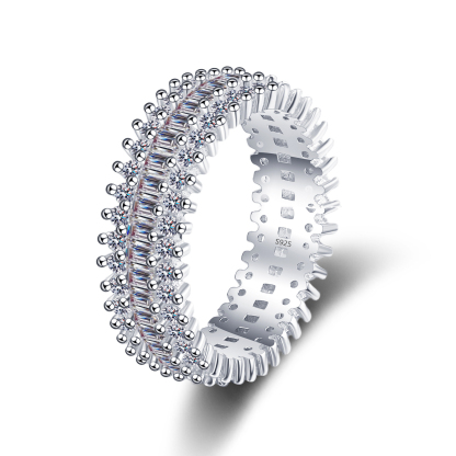 Bold&Chice 2.6CT Double Row Baguette Round Moissanite Eternity Band, Full Pave S925 Silver Lab Created Diamond Ring for Women