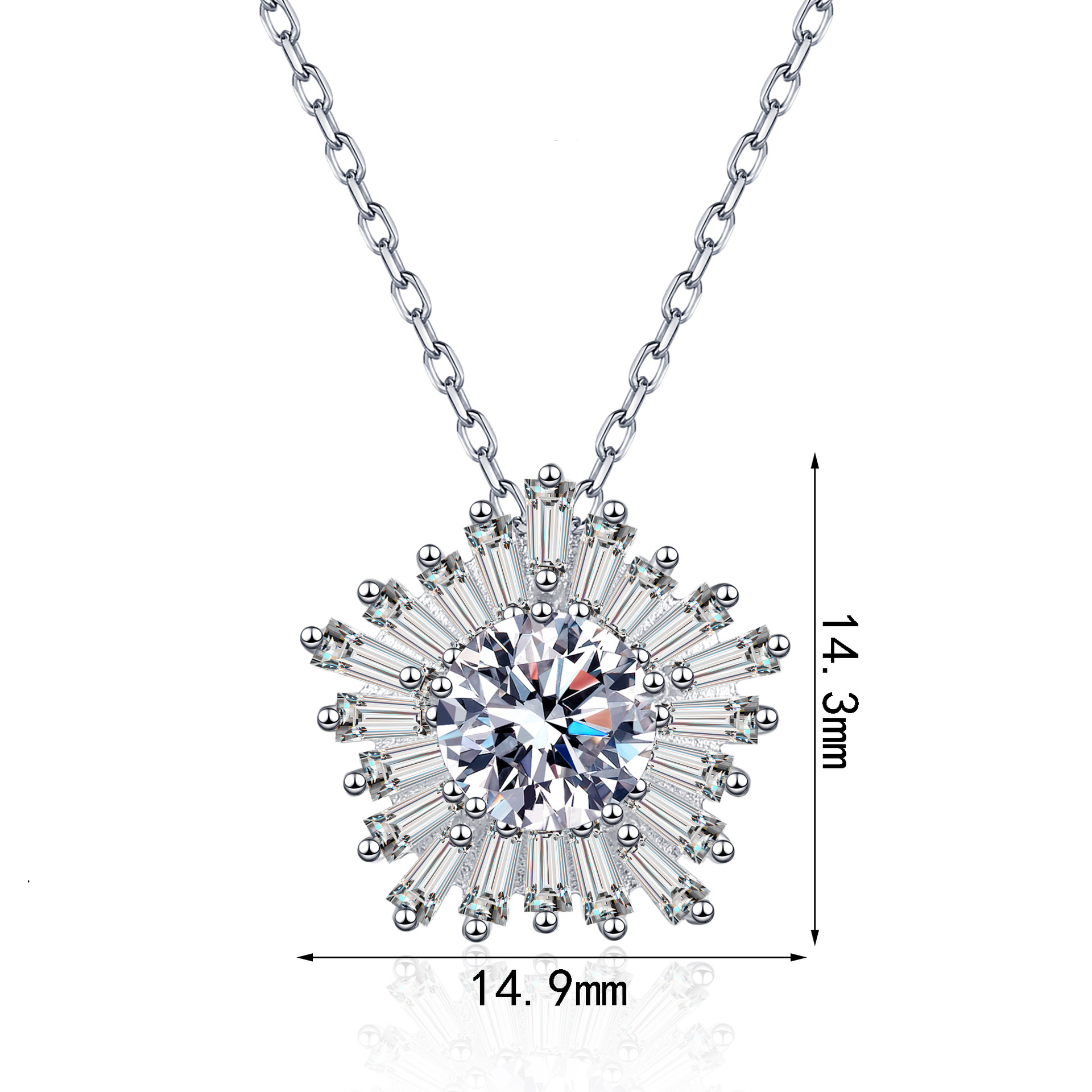 Bold&Chice Gorgeous Sunflower Baguette Moissanite Necklace, S925 Silver Lab Created Diamond, Shiny Floral Statement Necklace for Her