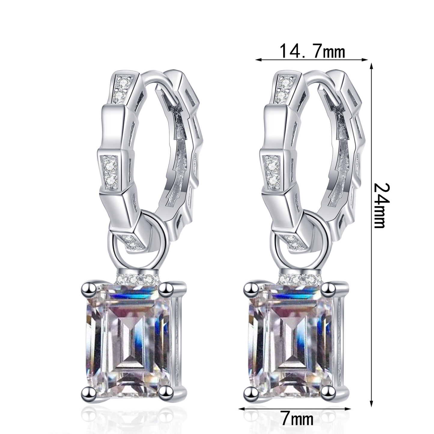 Bold&Chice 4CT Emerald / Radiant Cut Moissanite Drop Earrings, Baguette Huggie S925 Silver Lab Created Diamond Earrings for Women